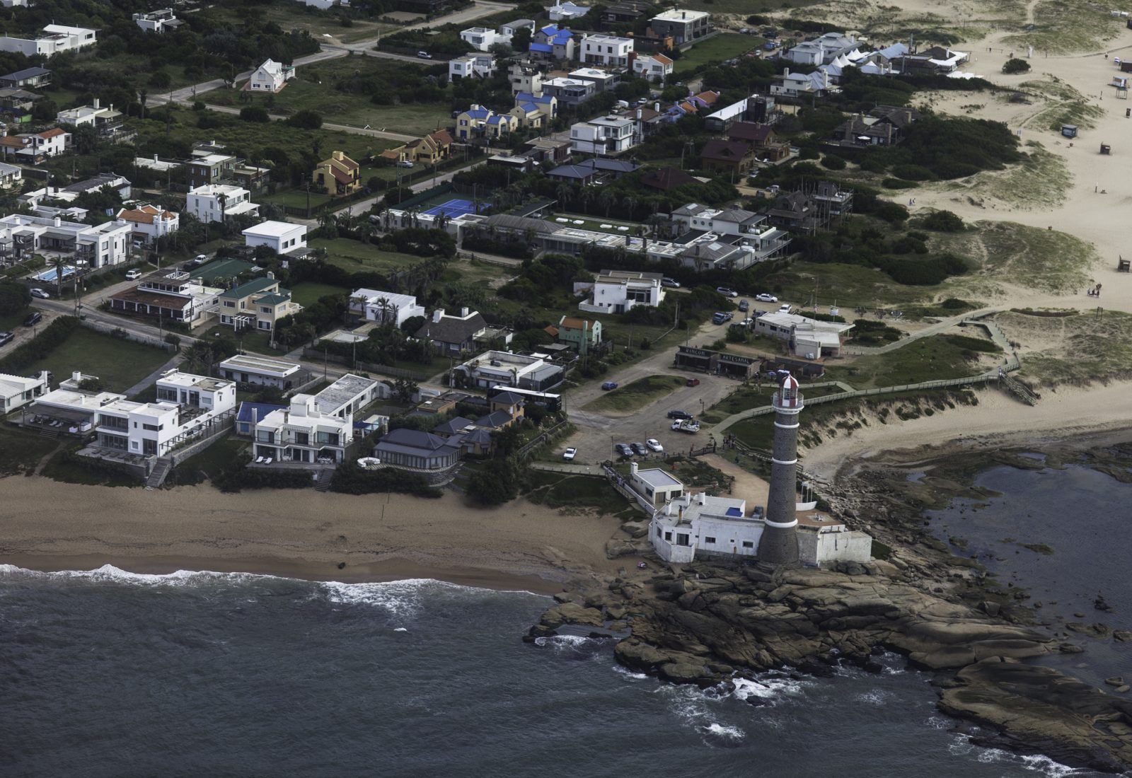 Real aerial view of José Ignacio lighthouse and the surrounding coast