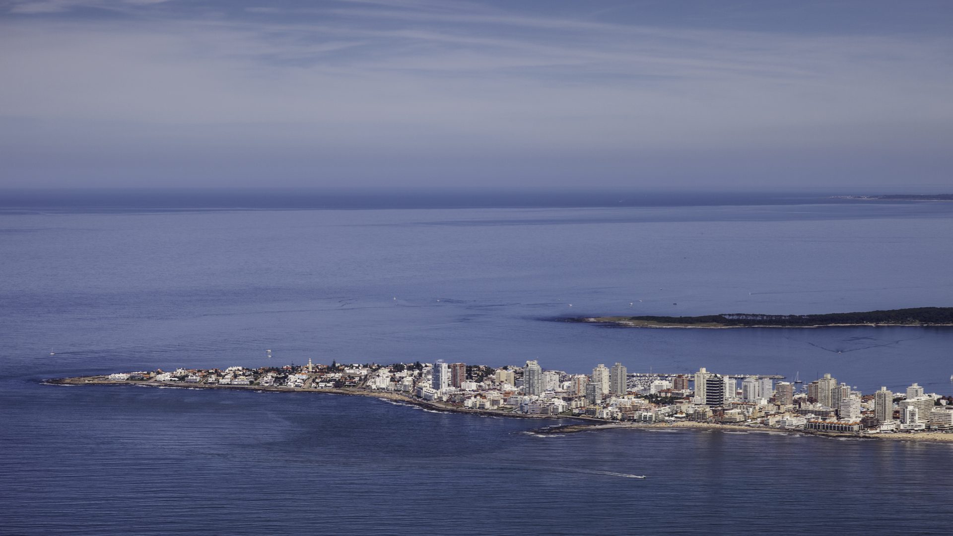 Real aerial view of the Punta del Este peninsula and coastline