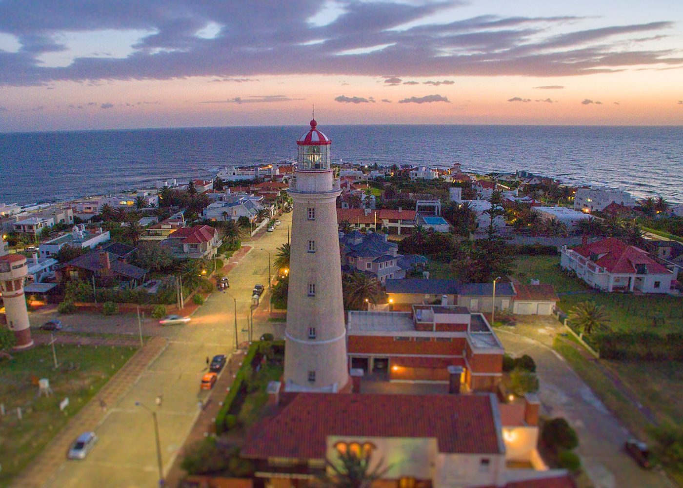 Real aerial view of Punta del Este lighthouse at dusk