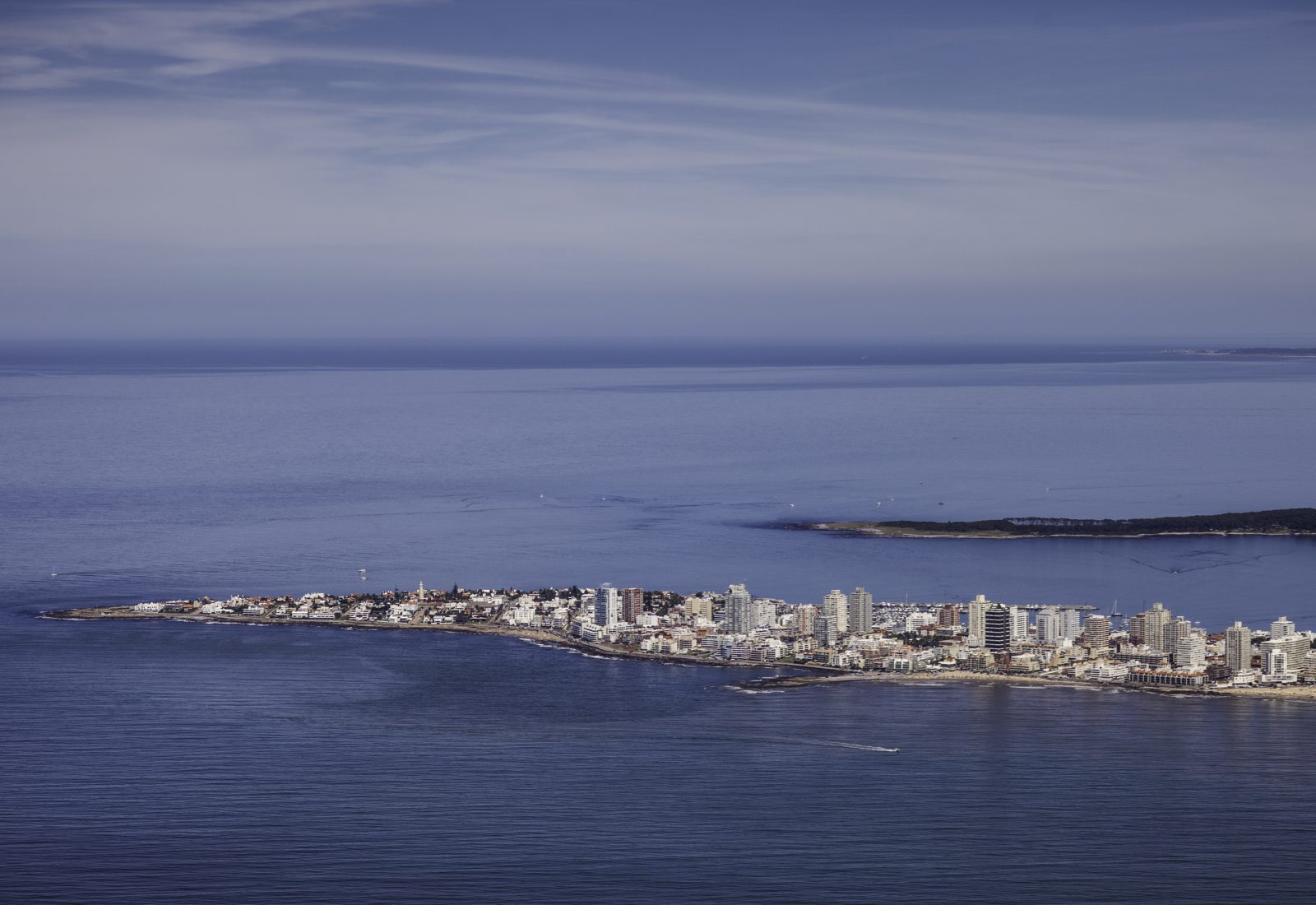 Real aerial view of the Punta del Este peninsula and coastline