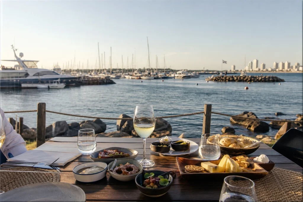 Food and wine set beside the harbor in Punta del Este