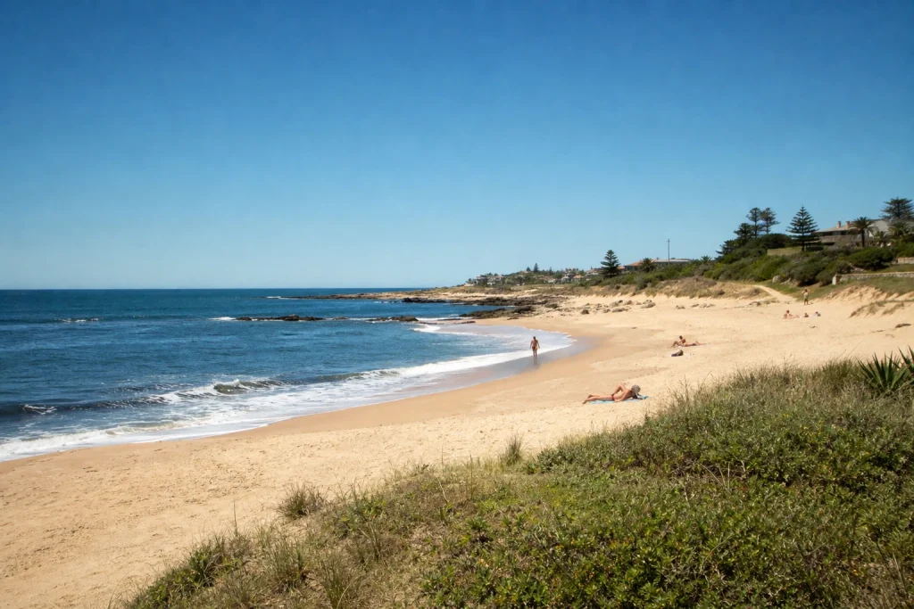 Sandy shoreline and ocean at Bikini Beach near Manantiales, Uruguay