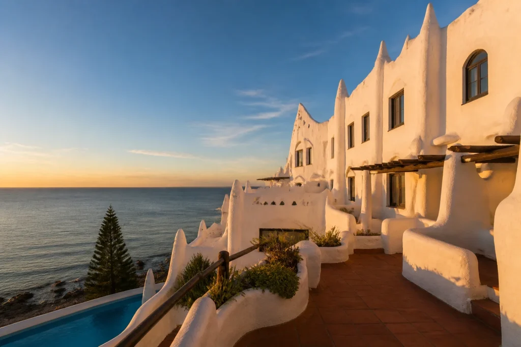 Late-afternoon view from a Casapueblo terrace in Punta Ballena
