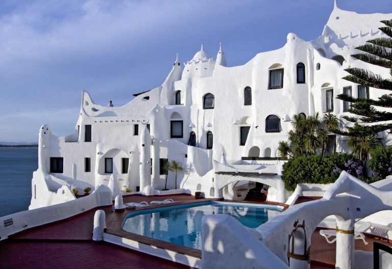 Real photograph of Casapueblo overlooking the coast at Punta Ballena
