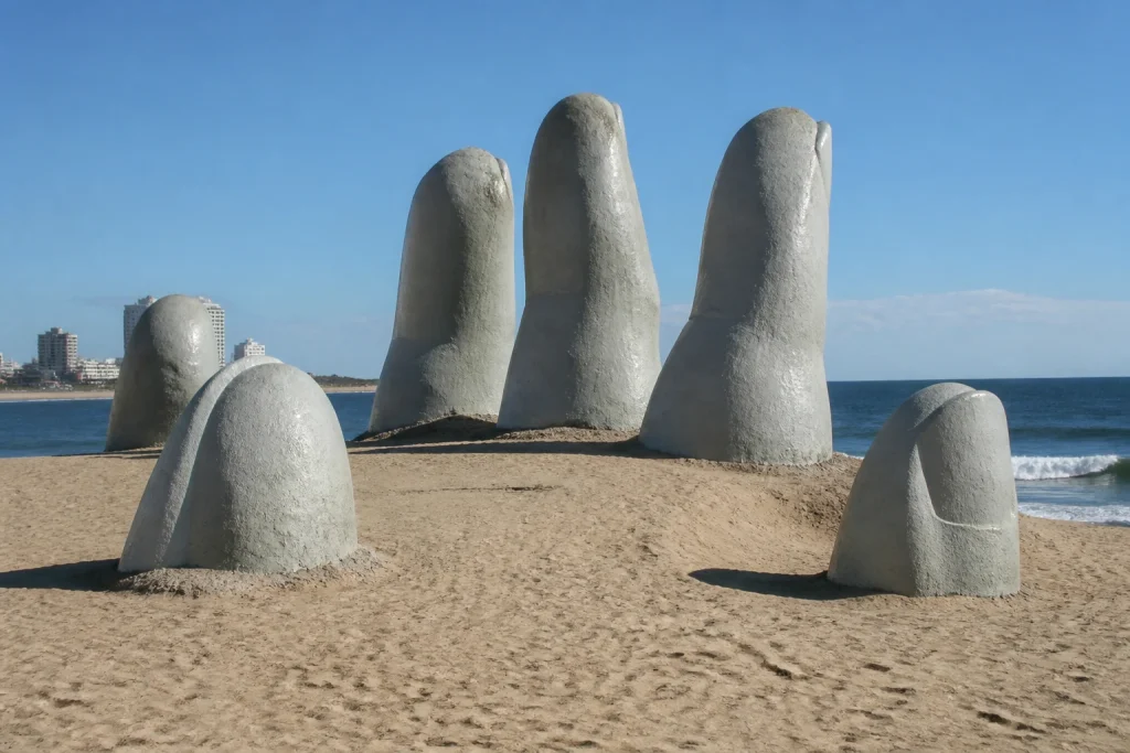 La Mano sculpture emerging from the sand on Playa Brava in Punta del Este.