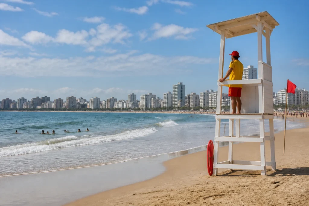 A lifeguard tower and beach flag at a Punta del Este bathing area.