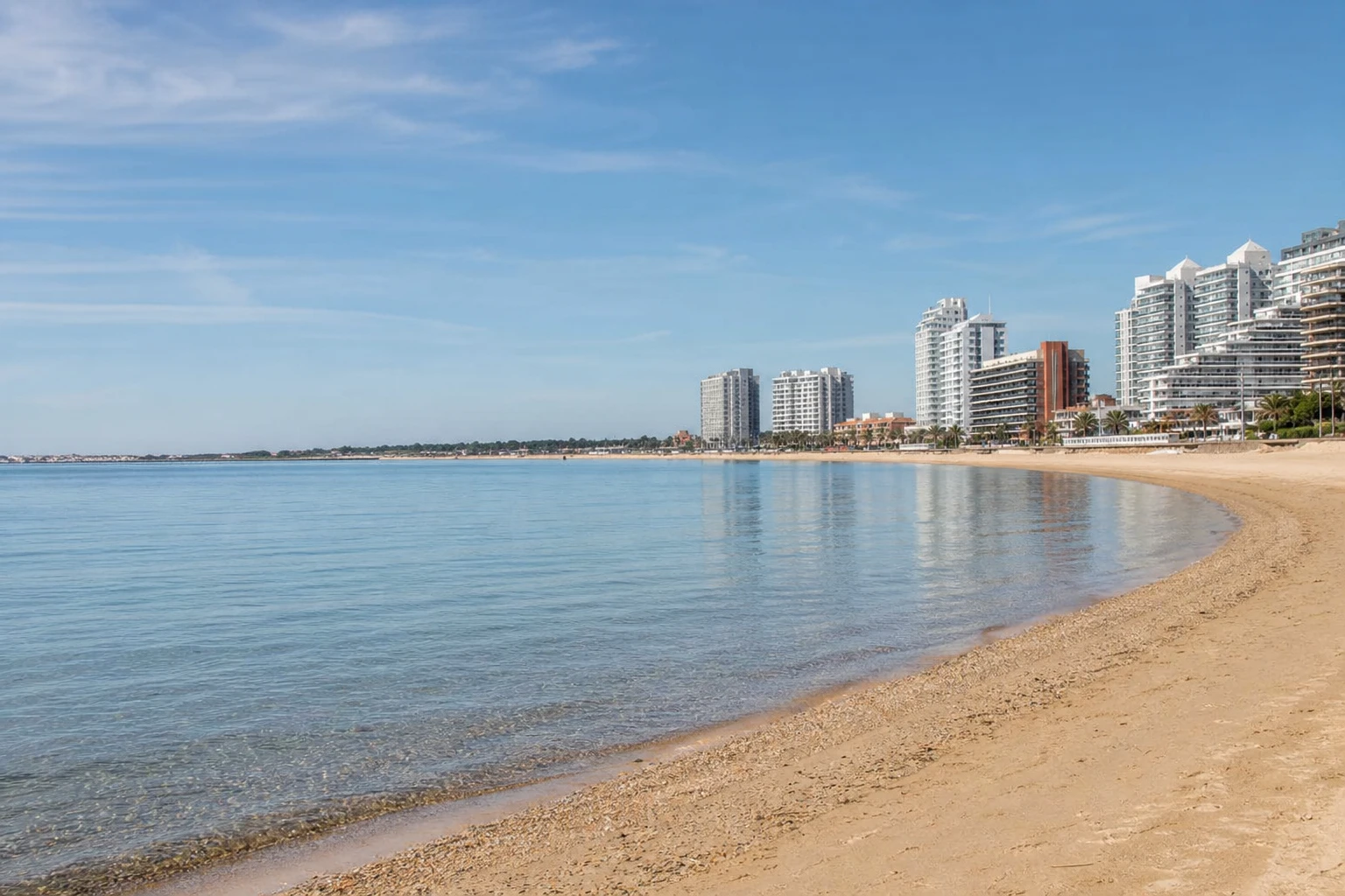 Broad sandy shoreline and calm water at Playa Mansa in Punta del Este