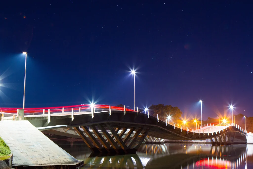 La Barra Wavy Bridge near Punta del Este at dusk