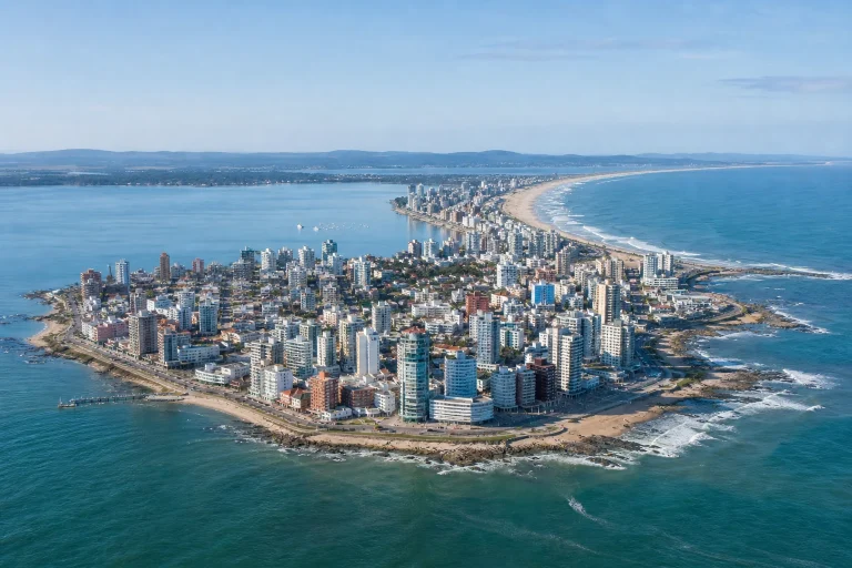 Aerial coastal view of the Punta del Este Peninsula between Playa Mansa and Playa Brava