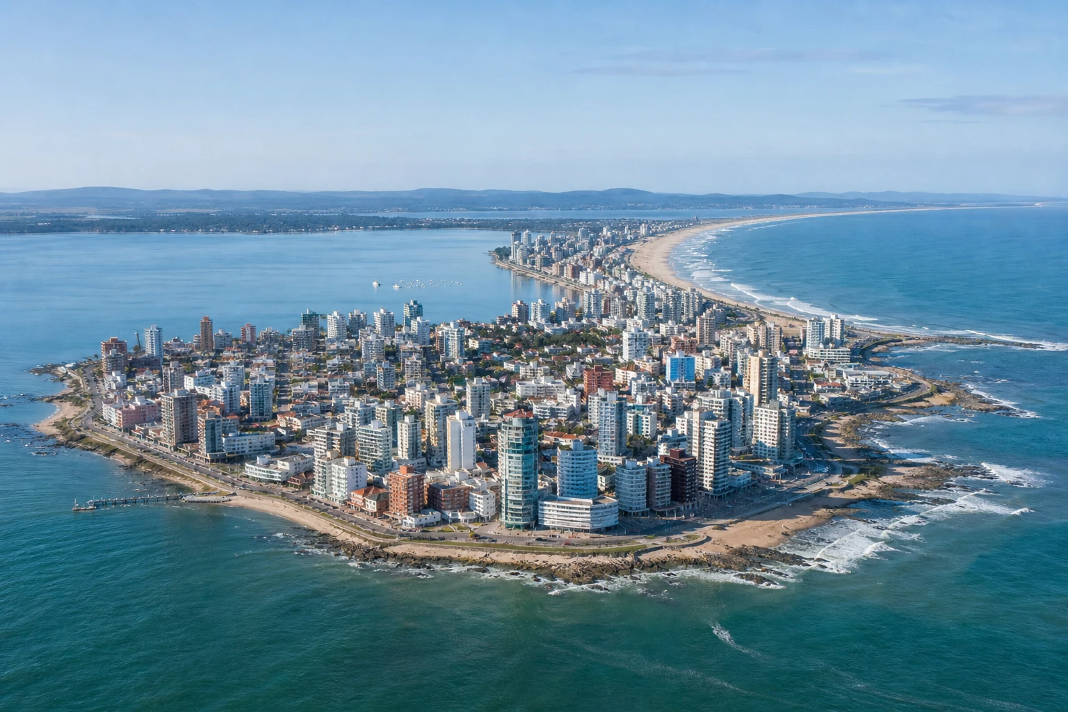 Aerial coastal view of the Punta del Este Peninsula between Playa Mansa and Playa Brava