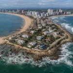 Aerial coastal view of the Punta del Este Peninsula between Playa Mansa and Playa Brava.
