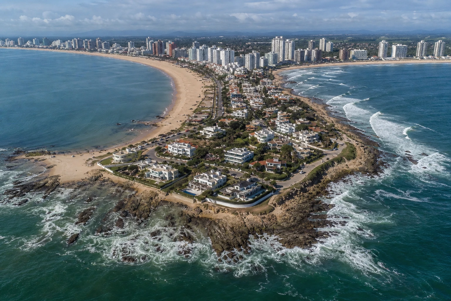 Aerial coastal view of the Punta del Este Peninsula between Playa Mansa and Playa Brava.