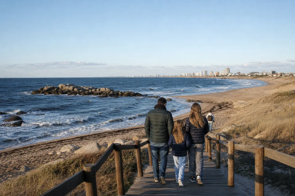 Family walking beside the coast on the Punta del Este Peninsula