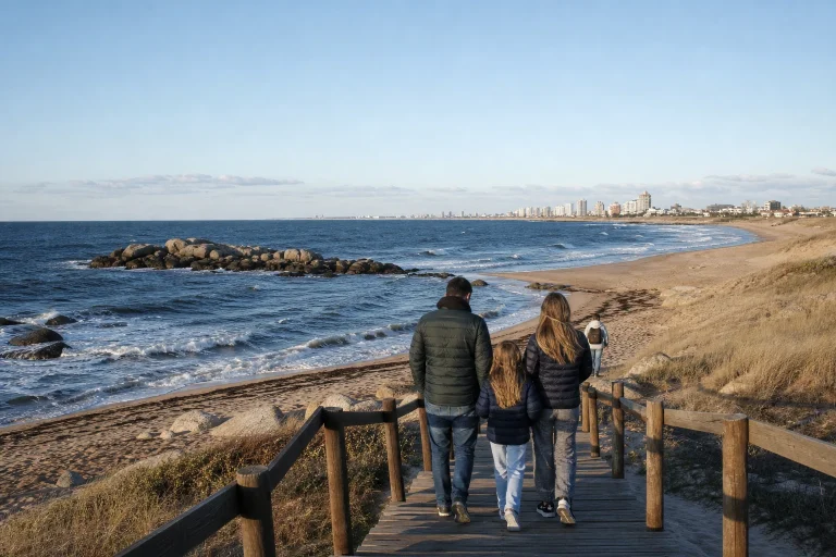 Family walking beside the coast on the Punta del Este Peninsula