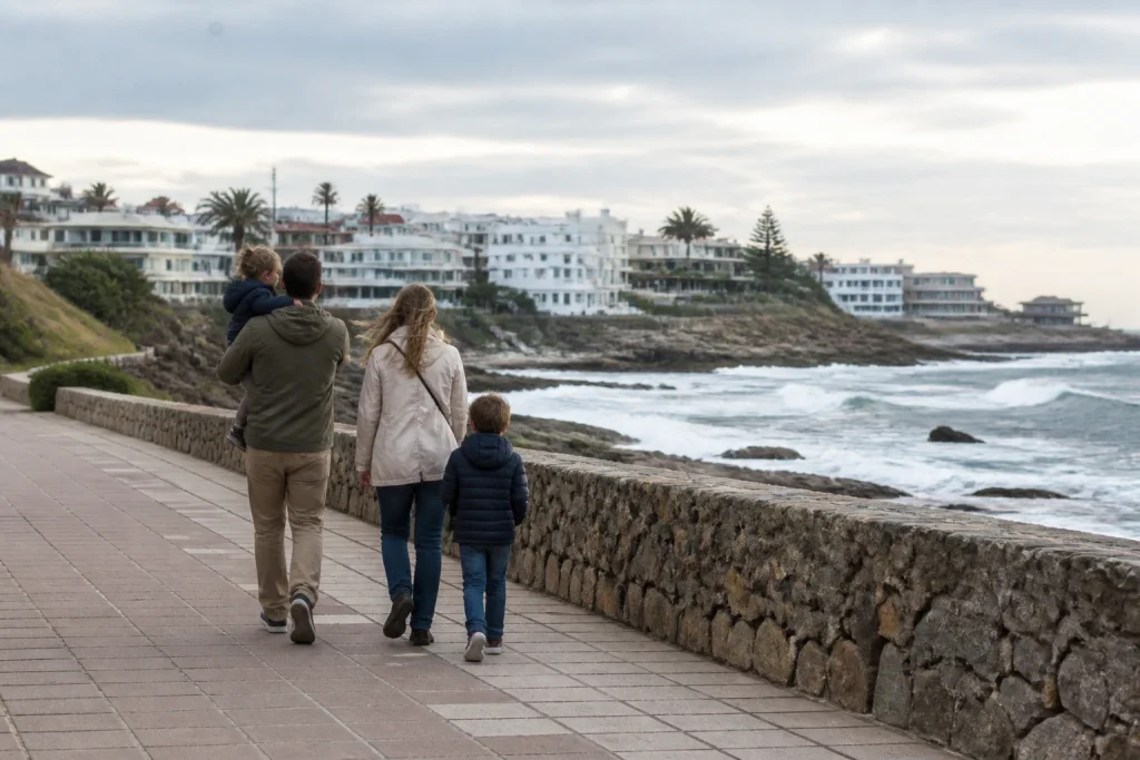 Family walking along the Punta del Este Peninsula waterfront