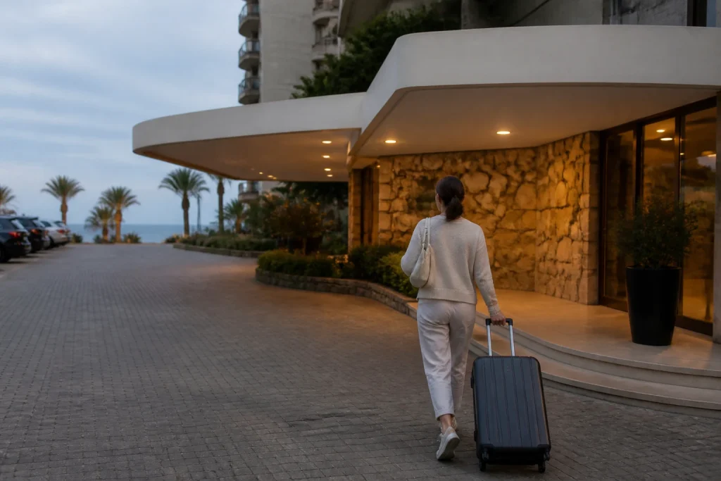 Traveler arriving at accommodation in Punta del Este