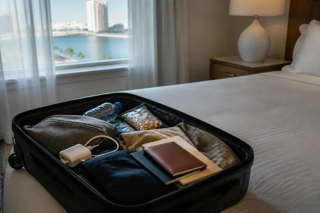 Carry-on essentials prepared for a Punta del Este arrival
