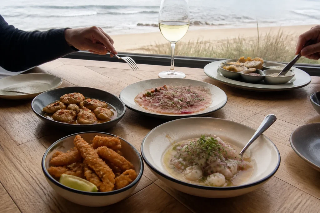 Shared coastal meal at a restaurant in Punta del Este