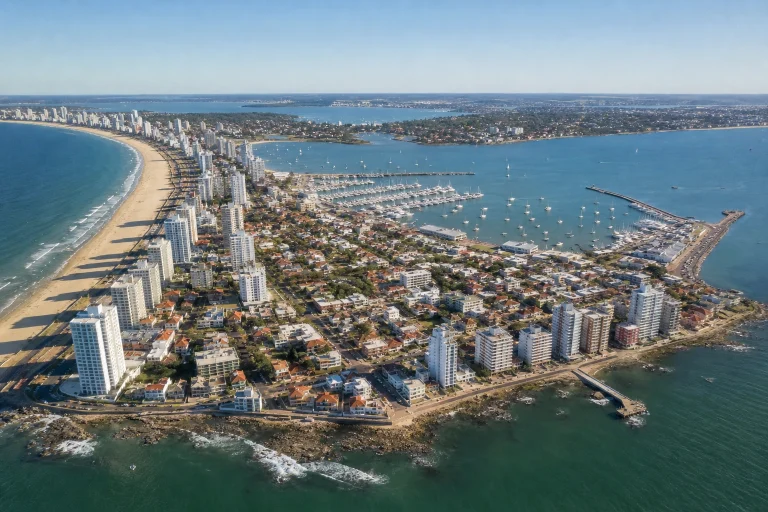 Aerial view of the Punta del Este Peninsula and harbor in Uruguay