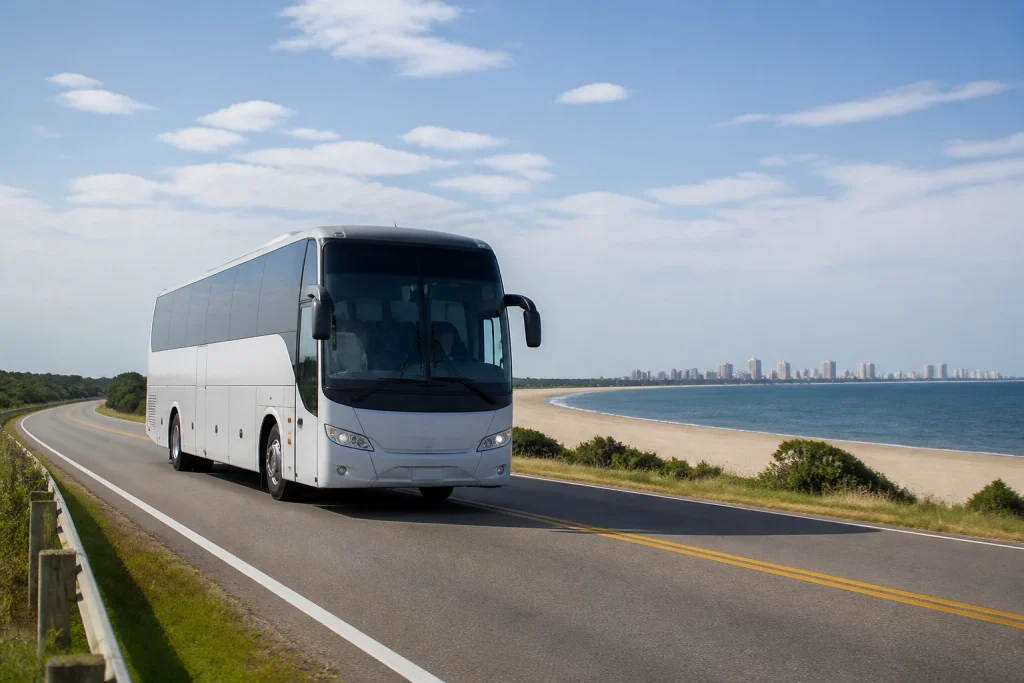 Intercity coach on a coastal road in Uruguay