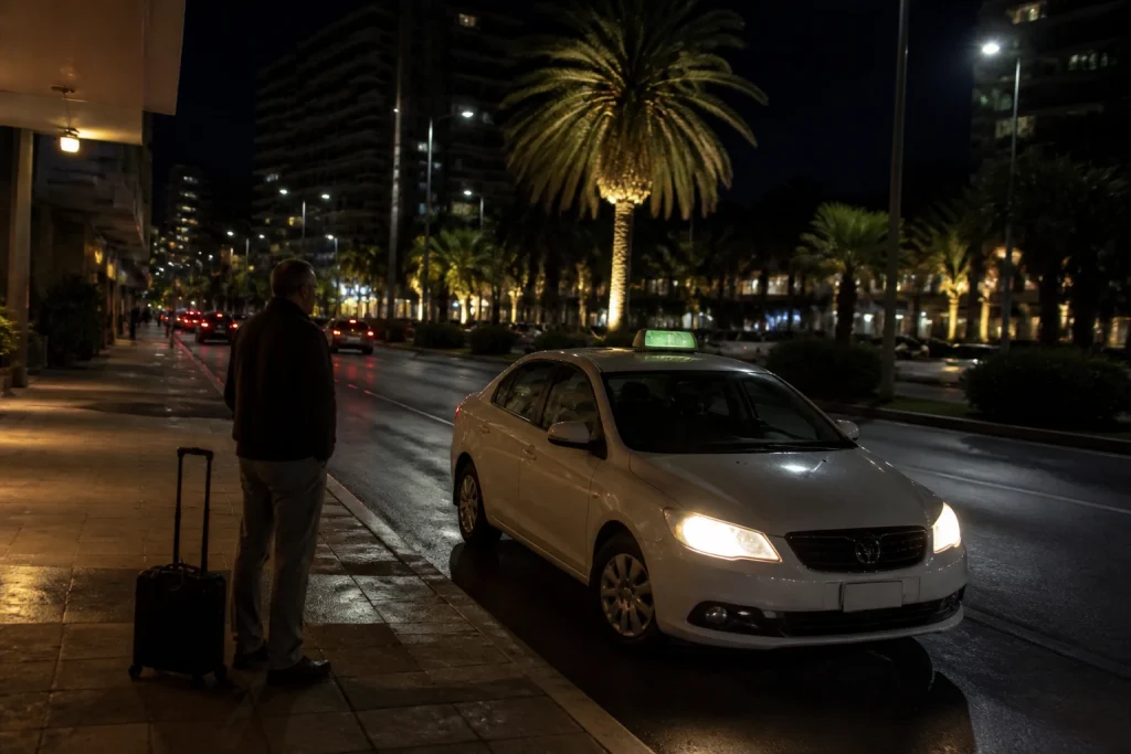 Taxi arriving on a Punta del Este street at night