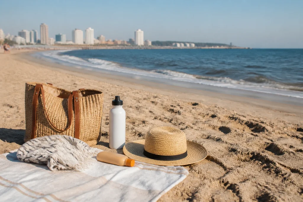 Compact beach bag and sun-protection essentials at Playa Mansa in Punta del Este.