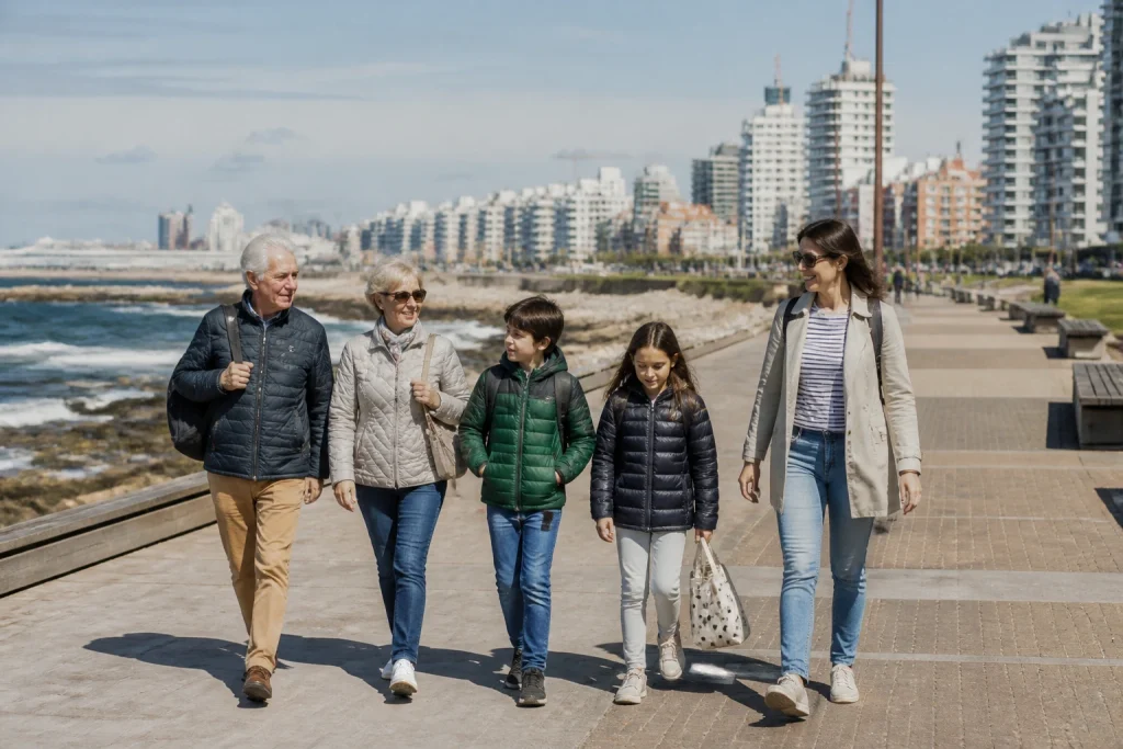 Family carrying compact daypacks on the Punta del Este waterfront.