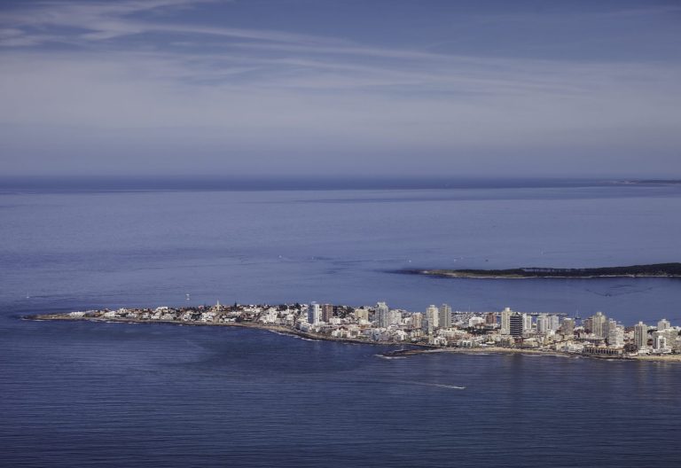 Real aerial view of the Punta del Este peninsula and coastline