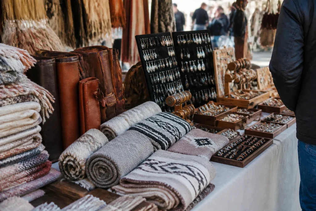 Wool, leather, and jewelry displayed at the Punta del Este artisan fair