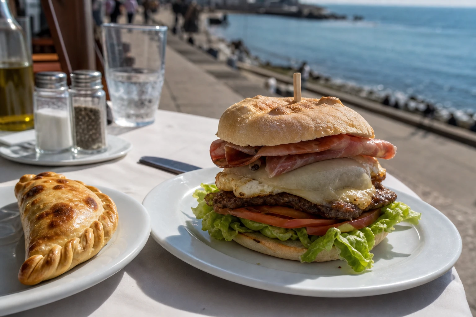 Casual Uruguayan chivito and baked empanada served in Punta del Este