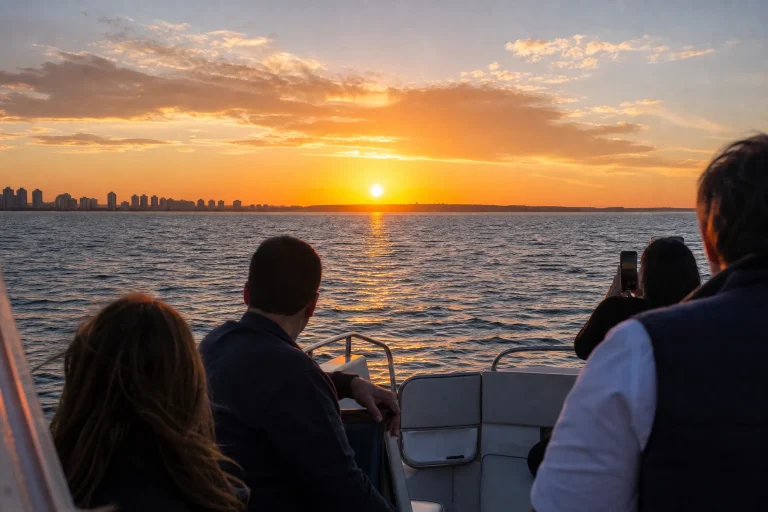 Boat on the coastal waters off Punta del Este during sunset