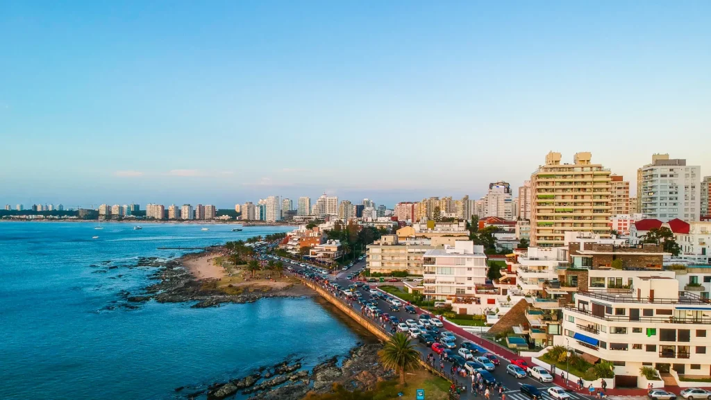Punta del Este coastline viewed across the water in evening light