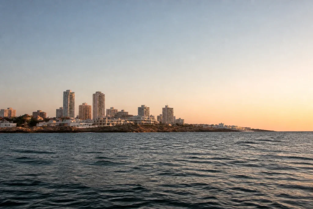 Punta del Este peninsula seen from coastal water in evening light