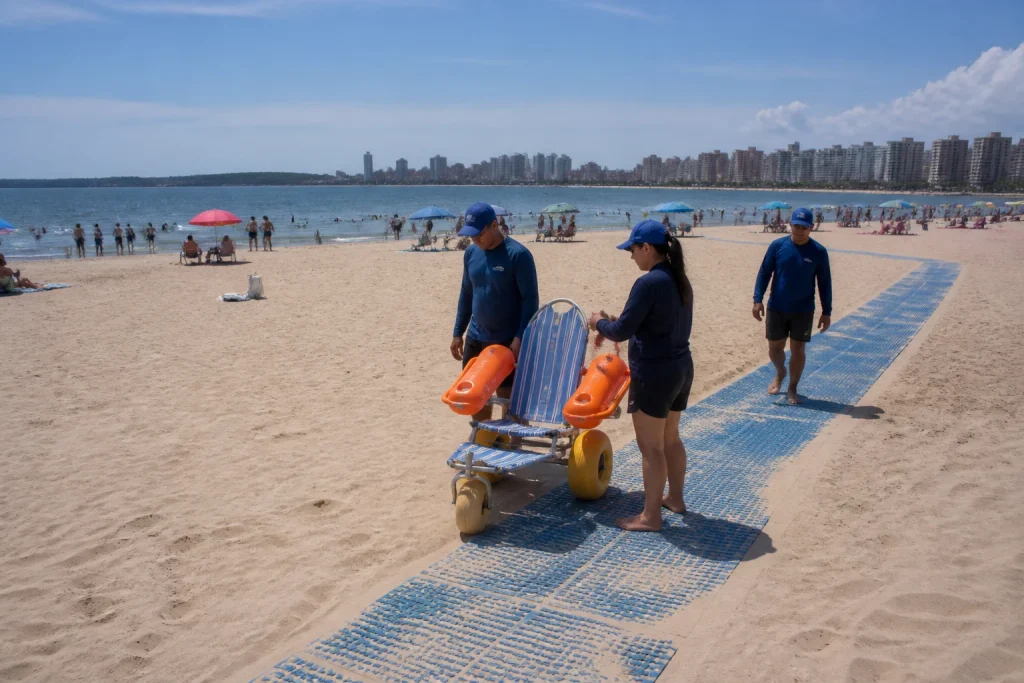 Seasonal accessible-beach walkway and amphibious chair at Playa Mansa