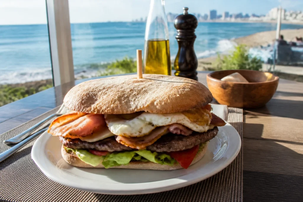 Traditional Uruguayan chivito sandwich served in Punta del Este