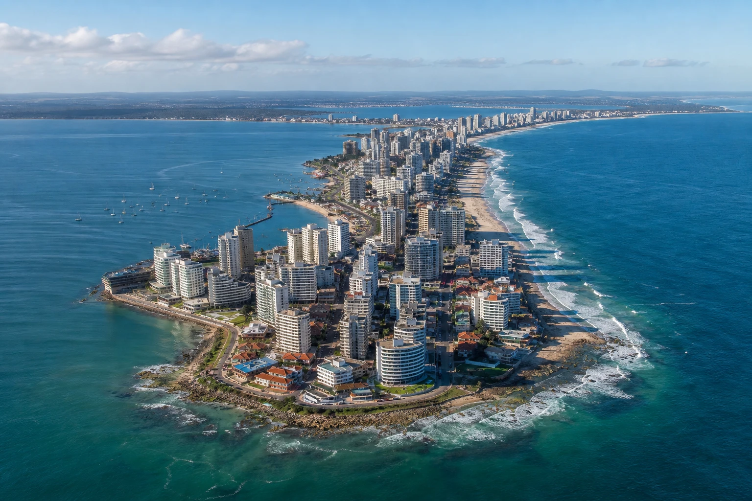 Aerial view of the Punta del Este Peninsula between its two coastlines